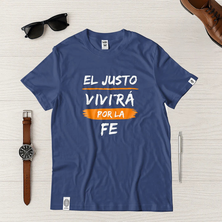 Camiseta Masculina El justo por la fe vivira #color_azul