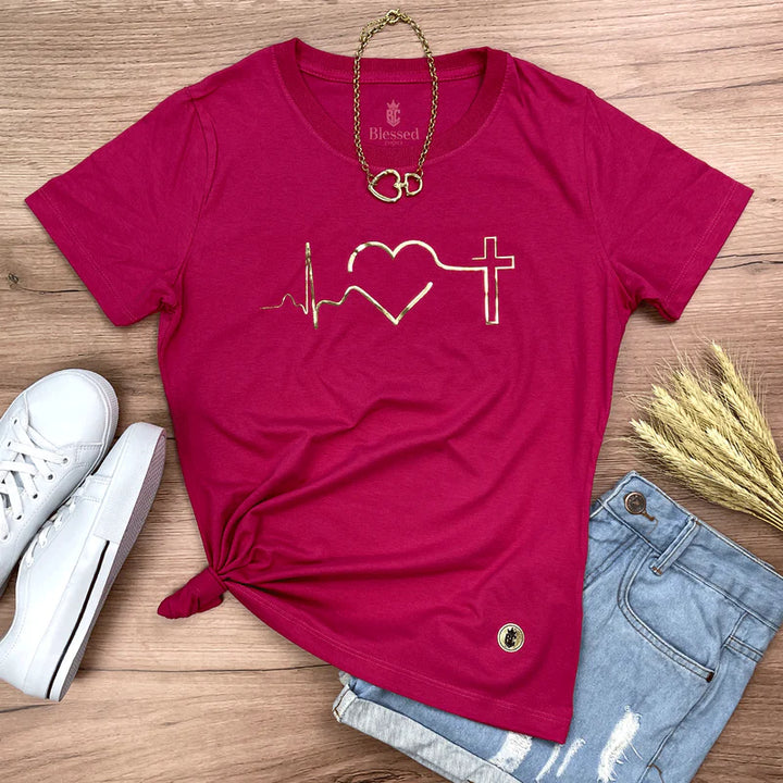 Camiseta Feminina Corazon con cruz dorada #color_rosapink