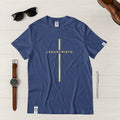 Camiseta Masculina Cruz Jesuscristo Dorada - Azul
