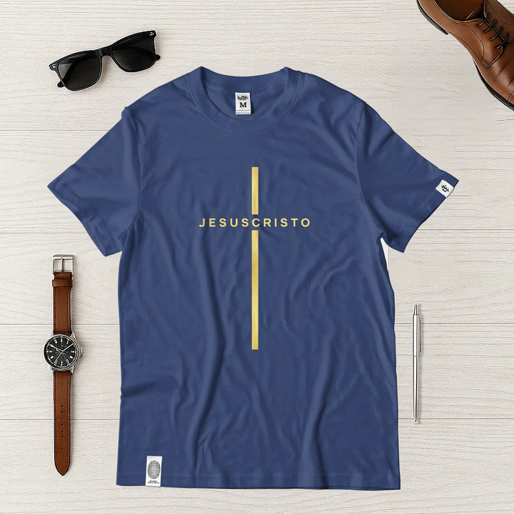 Camiseta Masculina Cruz Jesuscristo Dorada #color_azul