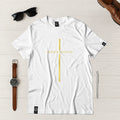 Camiseta Masculina Cruz Jesuscristo Dorada - Blanca