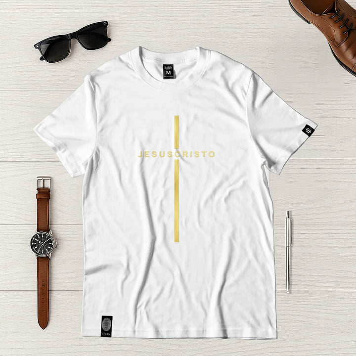 Camiseta Masculina Cruz Jesuscristo Dorada #color_blanca