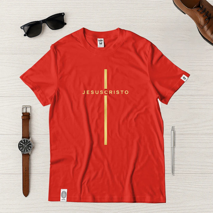 Camiseta Masculina Cruz Jesuscristo Dorada #color_rojo