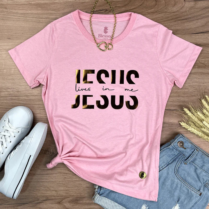 Camiseta Feminina Jesus vive en mi Jesus #color_rosa