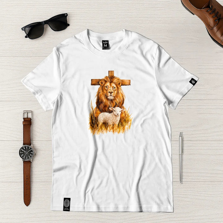 Camiseta Masculina Leon cruz con oveja #color_blanca