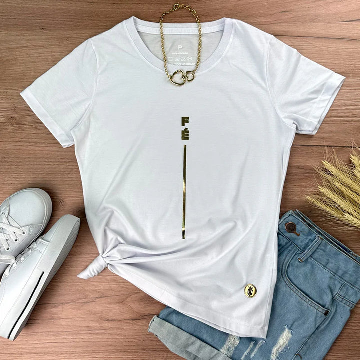 Camiseta Femenina  Fe y raya dorada #color_blanca