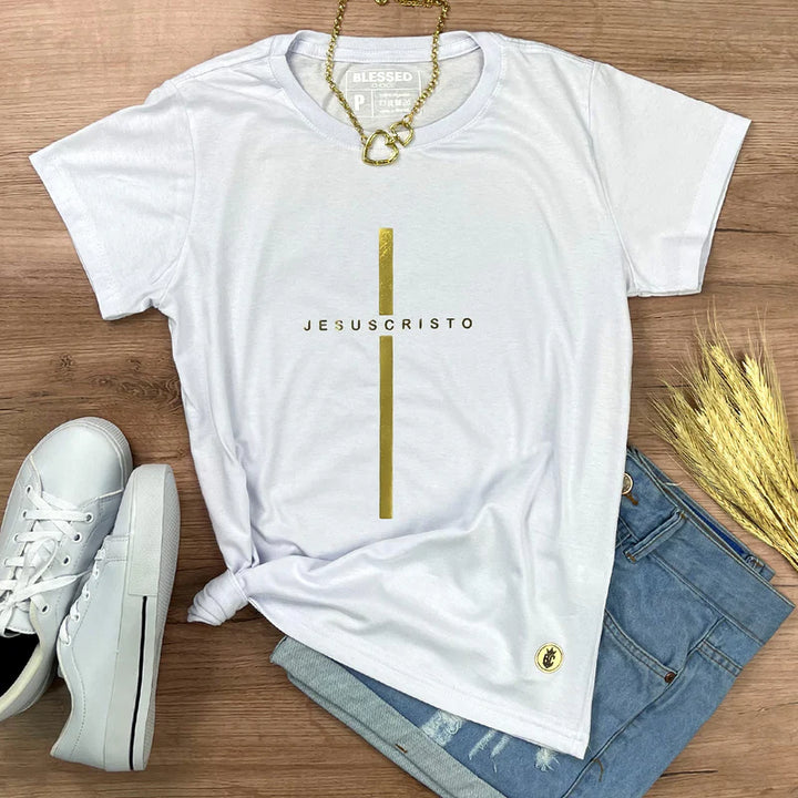 Camiseta Feminina Cruz dorada Jesuscristo Jesus #color_blanca