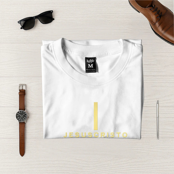 Camiseta Masculina Cruz Jesuscristo Dorada #color_blanca