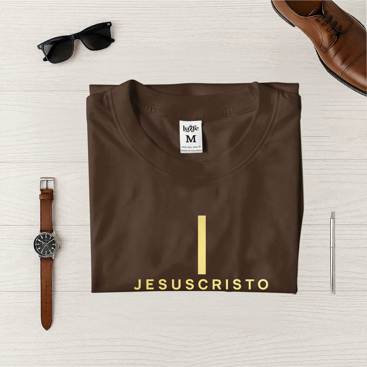 Camiseta Masculina Cruz Jesuscristo Dorada #color_marron