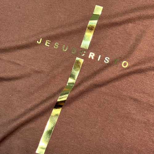 Camiseta Feminina Cruz dorada Jesuscristo #color_marron