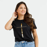 Camiseta Feminina Cruz dorada Jesuscristo Jesus #color_negra