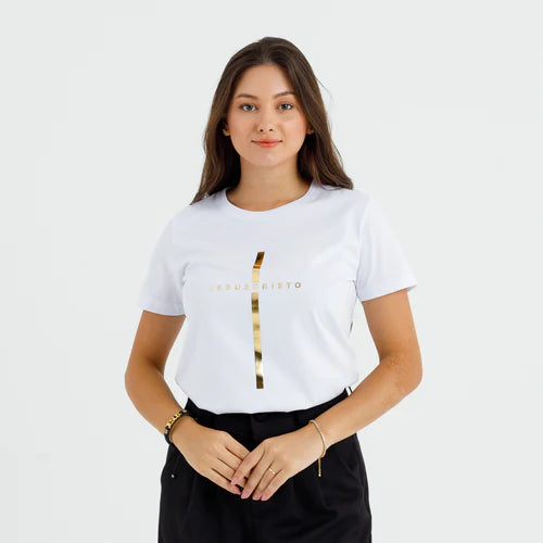 Camiseta Feminina Cruz dorada Jesuscristo Jesus #color_blanca
