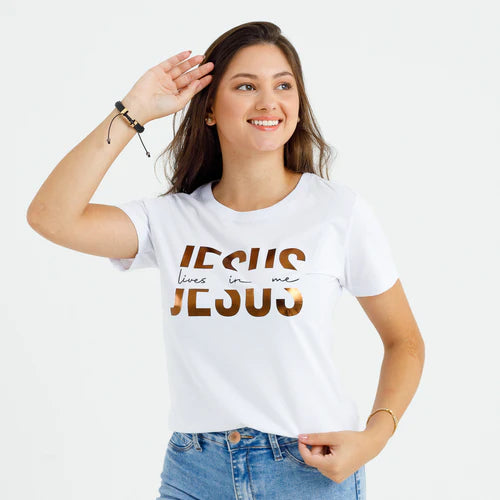 Camiseta Feminina Jesus vive en mi Jesus #color_blanca