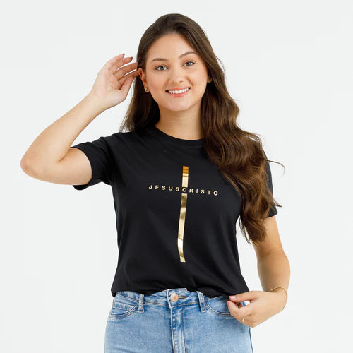 Camiseta Feminina Cruz dorada Jesuscristo Jesus #color_negra