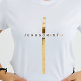 Camiseta Feminina Cruz dorada Jesuscristo Jesus #color_blanca