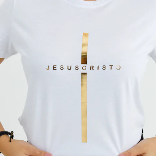 Camiseta Feminina Cruz dorada Jesuscristo Jesus #color_blanca