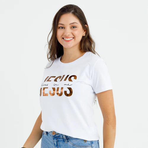 Camiseta Feminina Jesus vive en mi Jesus #color_blanca