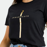 Camiseta Feminina Cruz dorada Jesuscristo Jesus #color_negra