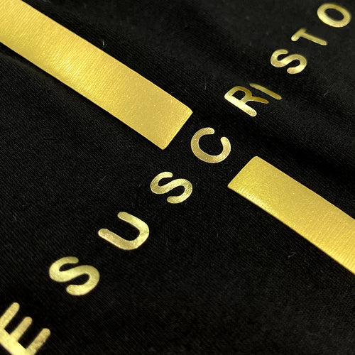 Camiseta Feminina Cruz dorada Jesuscristo Jesus #color_negra