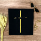 Camiseta Feminina Cruz dorada Jesuscristo Jesus #color_negra