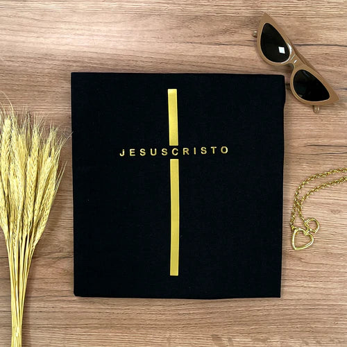Camiseta Feminina Cruz dorada Jesuscristo Jesus #color_negra