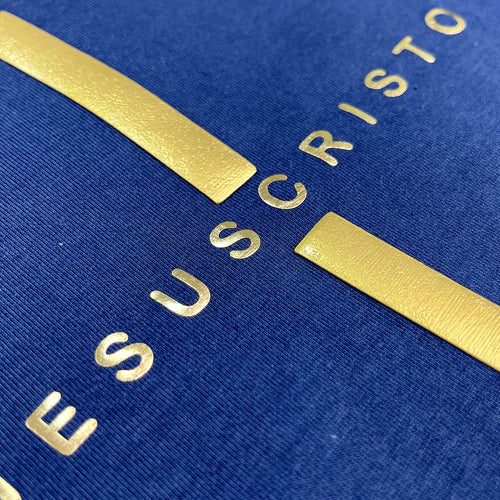 Camiseta Masculina Cruz Jesuscristo Dorada #color_azul
