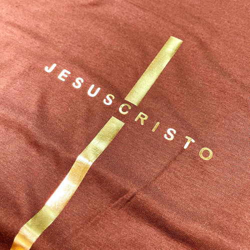 Camiseta Masculina Cruz Jesuscristo Dorada #color_marron