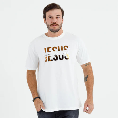 Camiseta Masculina Jesus vive en mi #color_blanca