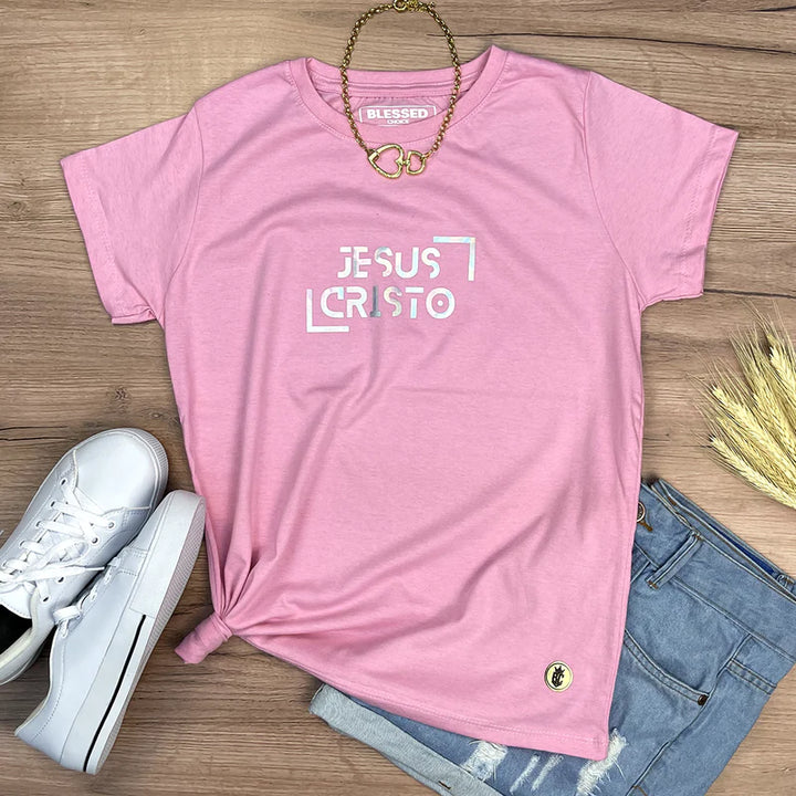 Camiseta Femenina  Fe y raya dorada #color_rosa