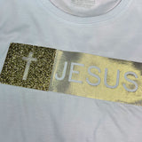 Camiseta Femenina con aplique de Jesús con purpurina dorada #color_beige