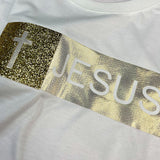 Camiseta Femenina con aplique de Jesús con purpurina dorada #color_blanca