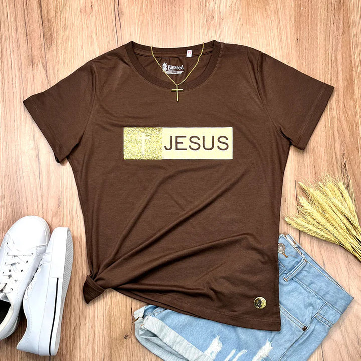 Camiseta Femenina con aplique de Jesús con purpurina dorada #color_marron