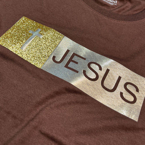Camiseta Femenina con aplique de Jesús con purpurina dorada #color_marron
