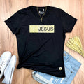 Camiseta Femenina con aplique de Jesús con purpurina dorada - Negra