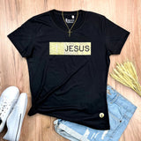 Camiseta Femenina con aplique de Jesús con purpurina dorada #color_negra