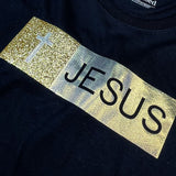 Camiseta Femenina con aplique de Jesús con purpurina dorada #color_negra