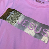 Camiseta Femenina con aplique de Jesús con purpurina dorada #color_rosa
