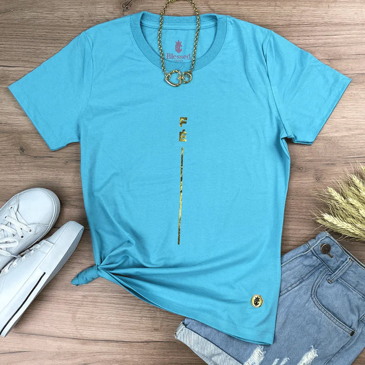 Camiseta Femenina  Fe y raya dorada #color_turquesa