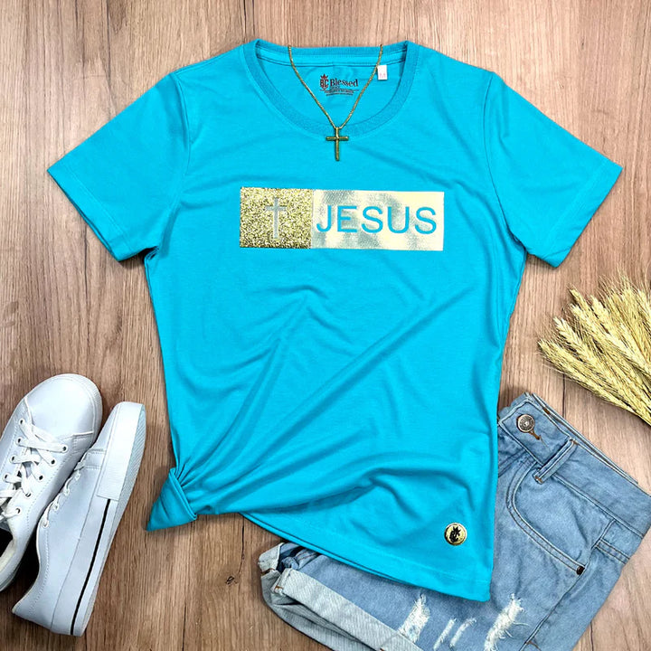 Camiseta Femenina con aplique de Jesús con purpurina dorada #color_turquesa