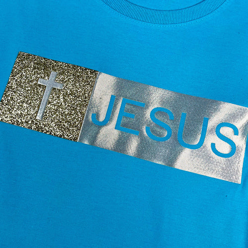Camiseta Femenina con aplique de Jesús con purpurina dorada #color_turquesa